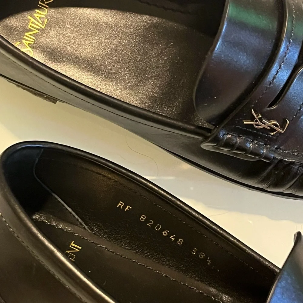Saint Laurent Black Leather Penny Loafers with Gold Logo - Picture 7 of 10